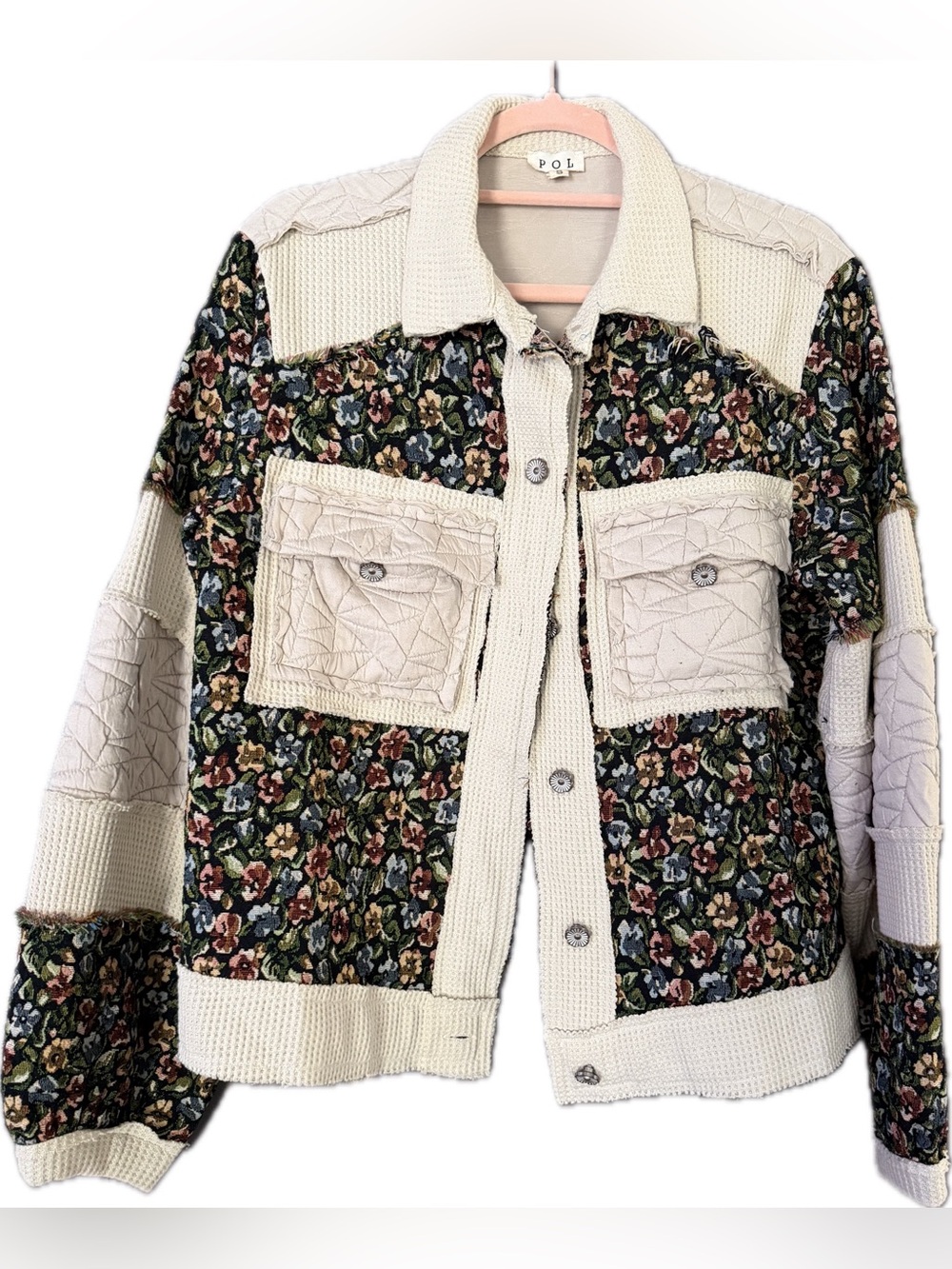 POL Cream Floral Patchwork Knit Jean Jacket